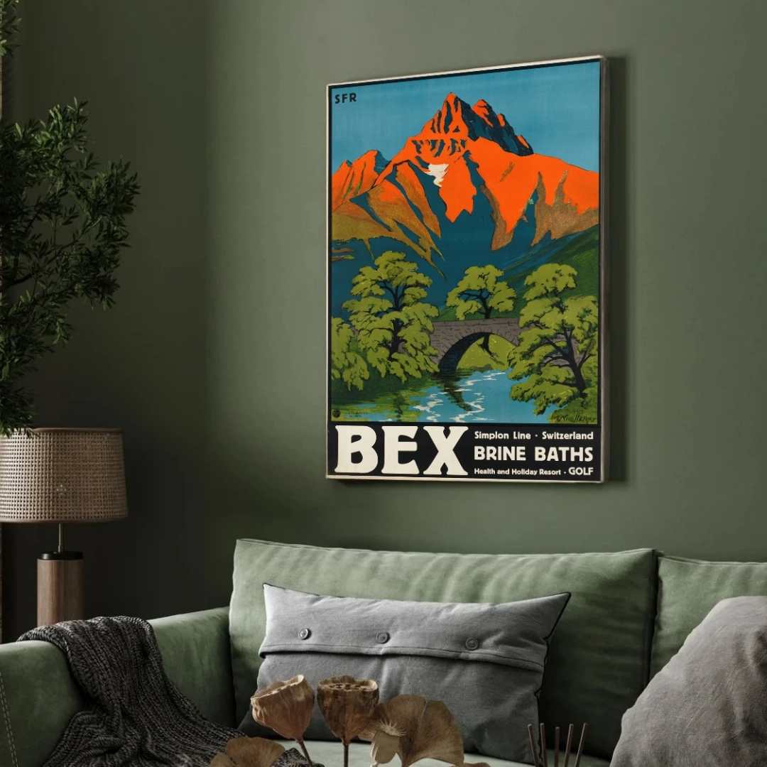 Vintage "Bex Brine Baths" Switzerland Travel Poster | Vertical Retro Alpine Mountain & Stone Bridge White Framed Wall Art 2 : 3 Vertical Premium Wall Art Canvas by MeriDeewar