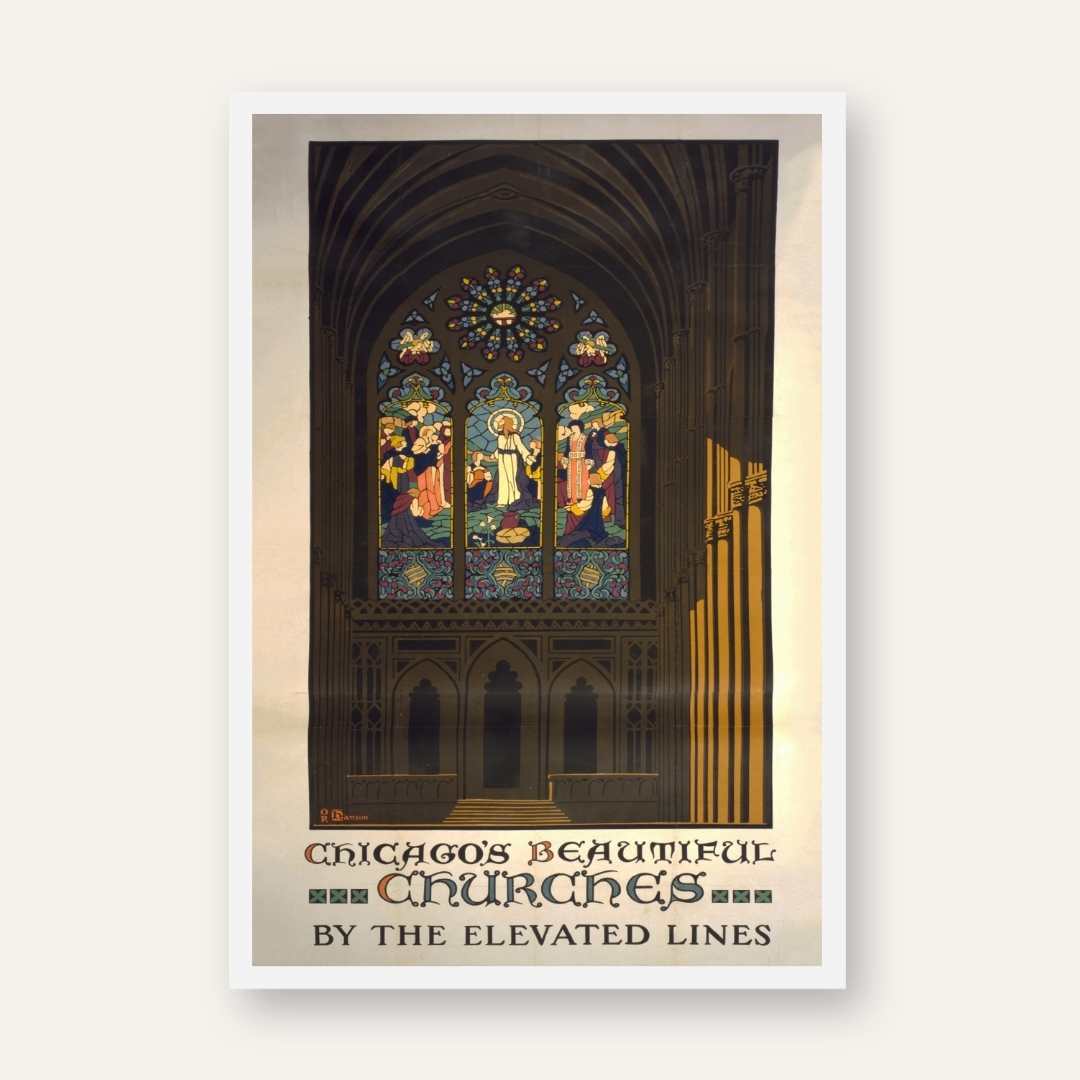 Vintage "Chicago's Beautiful Churches" Elevated Lines Poster | Vertical White Framed Wall Art 2 : 3 Vertical Premium Wall Art Canvas by MeriDeewar