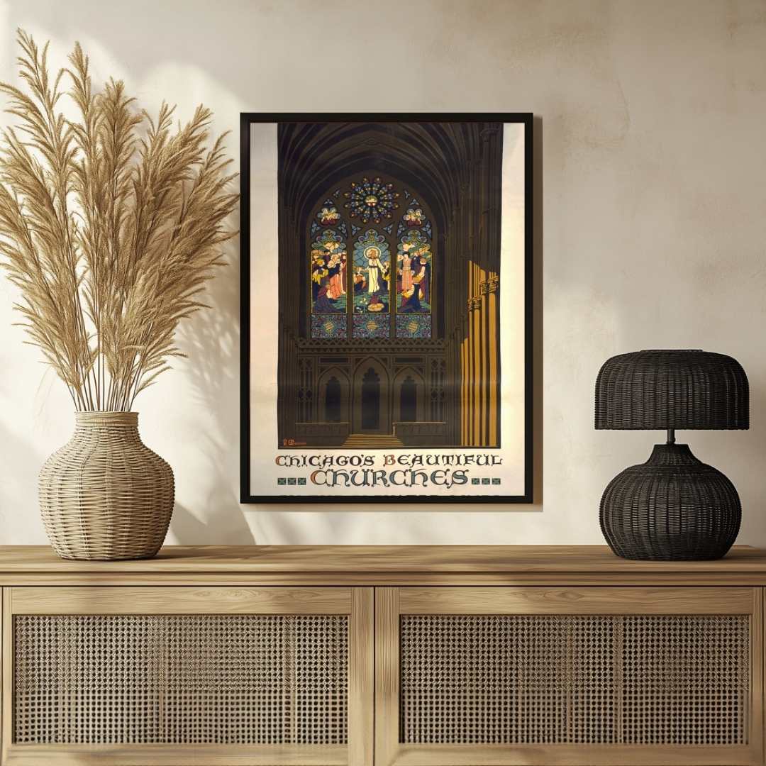 Vintage "Chicago's Beautiful Churches" Elevated Lines Poster | Vertical White Framed Wall Art 2 : 3 Vertical Premium Wall Art Canvas by MeriDeewar