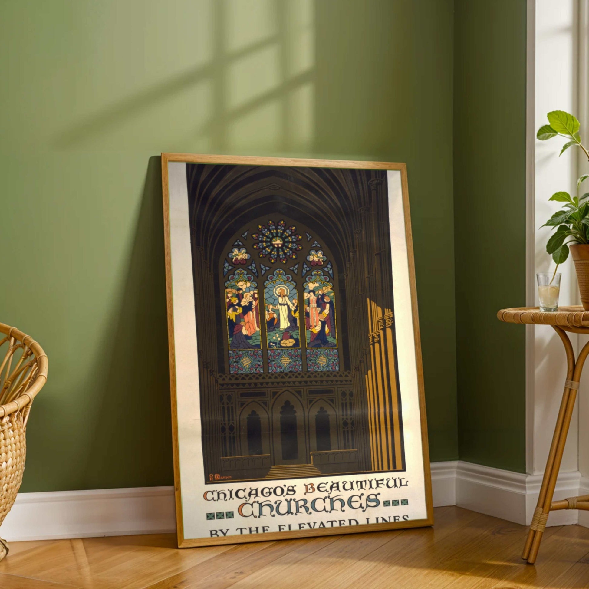 Vintage "Chicago's Beautiful Churches" Elevated Lines Poster | Vertical White Framed Wall Art 2 : 3 Vertical Premium Wall Art Canvas by MeriDeewar