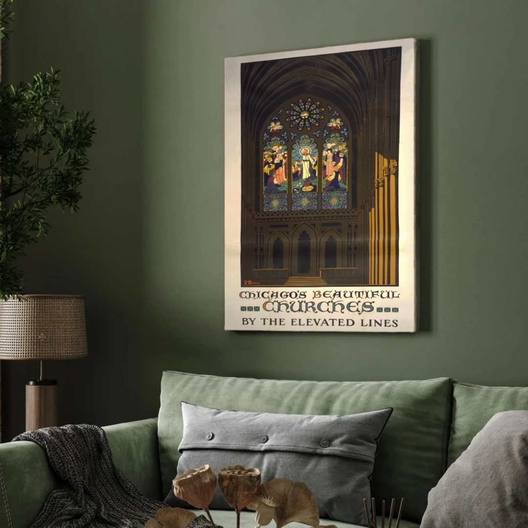 Vintage "Chicago's Beautiful Churches" Elevated Lines Poster | Vertical White Framed Wall Art 2 : 3 Vertical Premium Wall Art Canvas by MeriDeewar