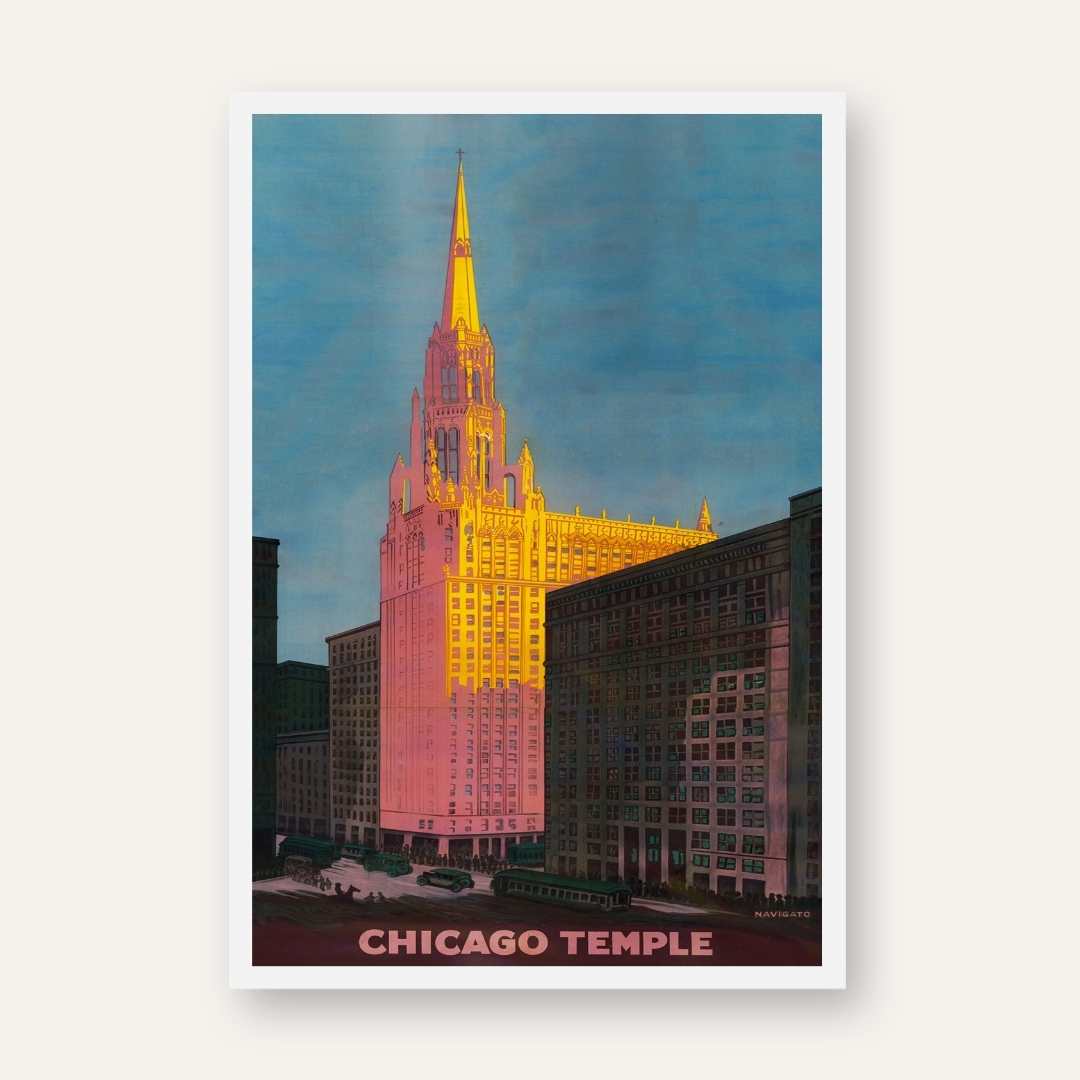 Vintage "Chicago Temple" Gothic Skyscraper Poster | Vertical Retro  White Framed Wall Art 2 : 3 Vertical Premium Wall Art Canvas by MeriDeewar