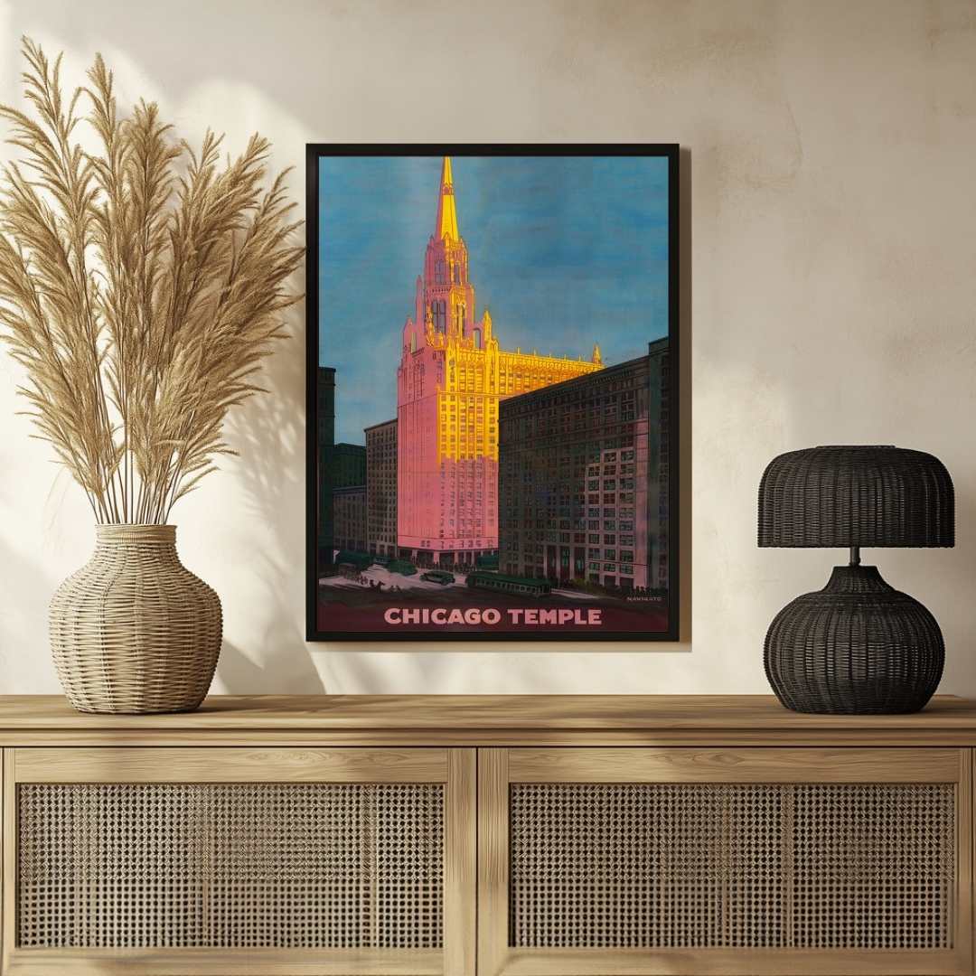 Vintage "Chicago Temple" Gothic Skyscraper Poster | Vertical Retro  White Framed Wall Art 2 : 3 Vertical Premium Wall Art Canvas by MeriDeewar