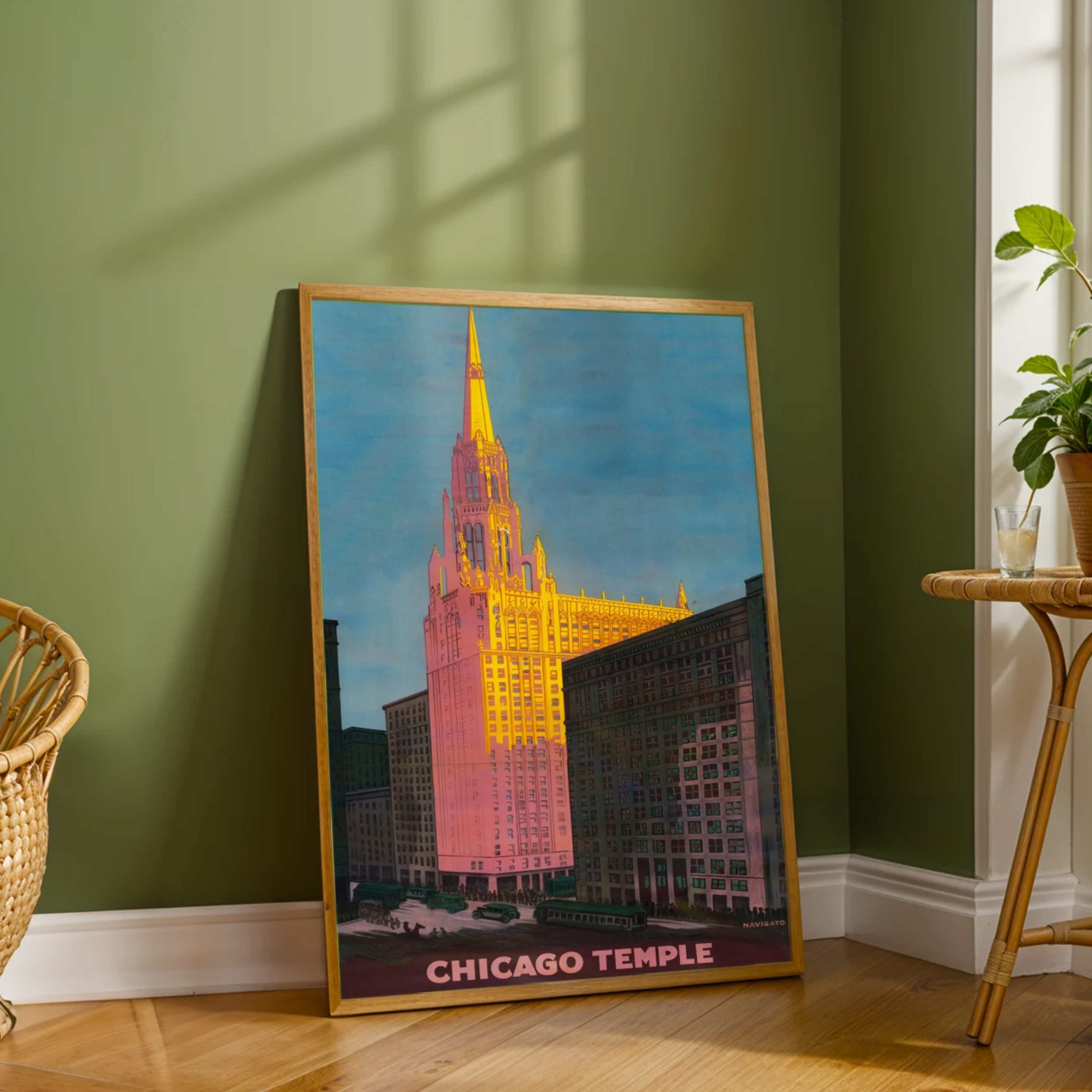 Vintage "Chicago Temple" Gothic Skyscraper Poster | Vertical Retro  White Framed Wall Art 2 : 3 Vertical Premium Wall Art Canvas by MeriDeewar
