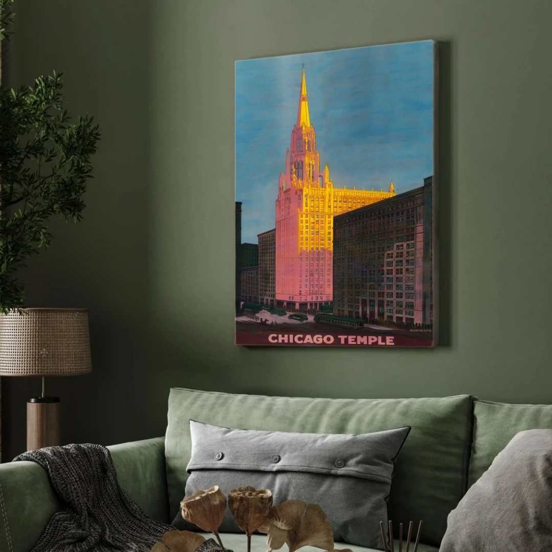 Vintage "Chicago Temple" Gothic Skyscraper Poster | Vertical Retro  White Framed Wall Art 2 : 3 Vertical Premium Wall Art Canvas by MeriDeewar