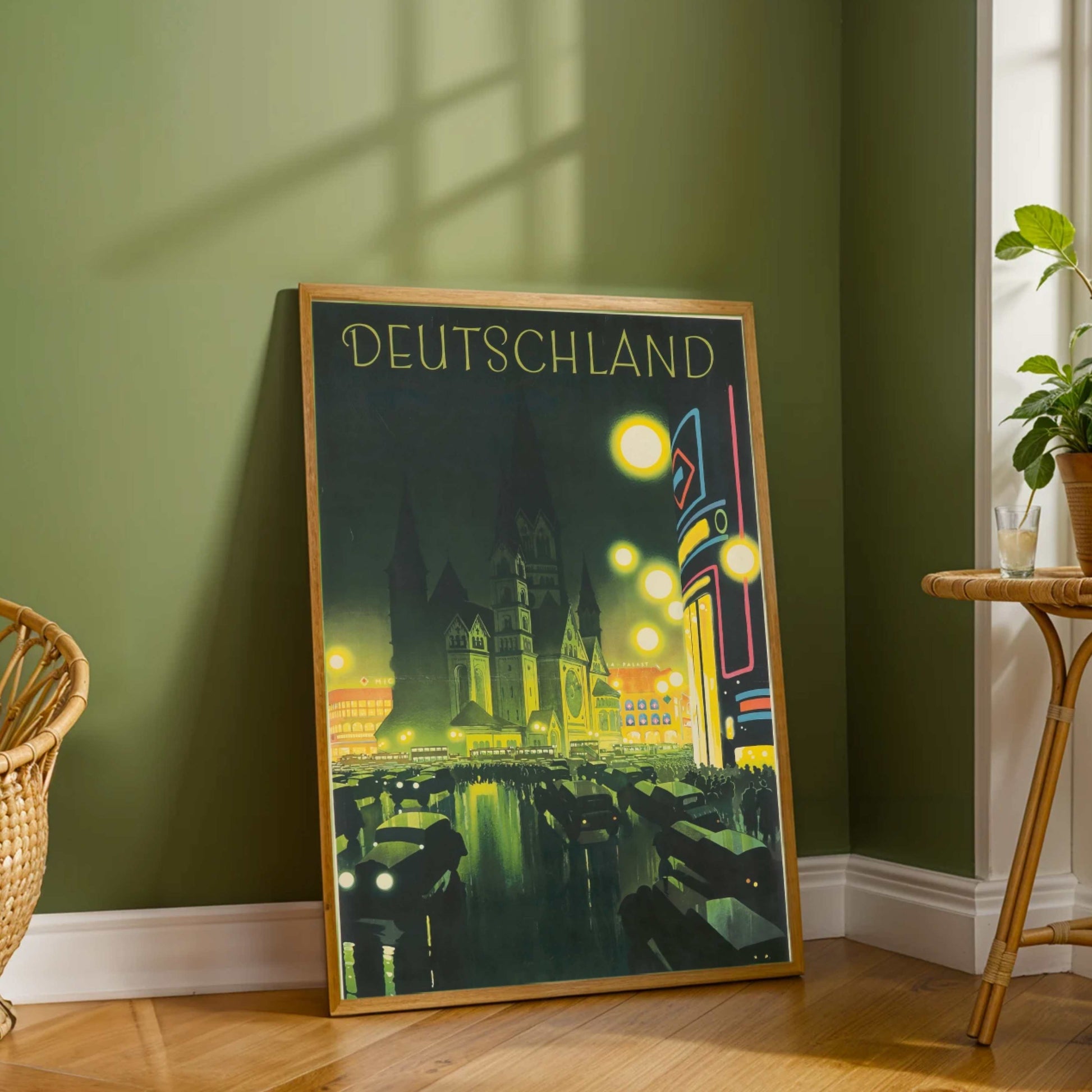 Vintage "Deutschland" Illuminated Night Cityscape Travel Poster | Vertical White Framed Wall Art 2 : 3 Vertical Premium Wall Art Canvas by MeriDeewar