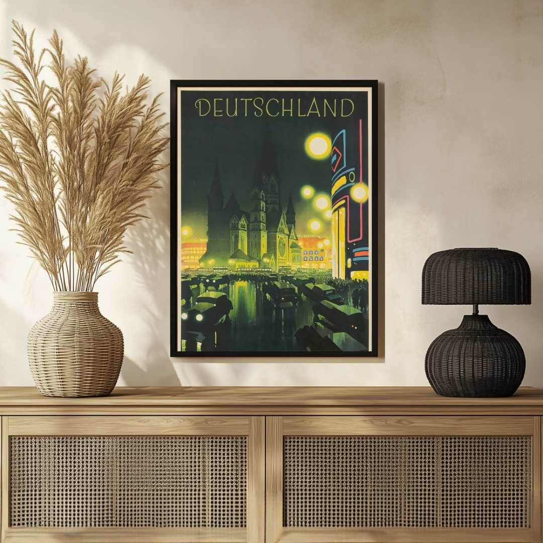 Vintage "Deutschland" Illuminated Night Cityscape Travel Poster | Vertical White Framed Wall Art 2 : 3 Vertical Premium Wall Art Canvas by MeriDeewar