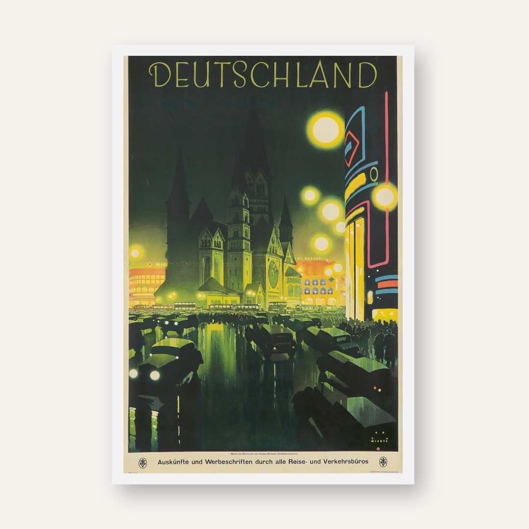 Vintage "Deutschland" Illuminated Night Cityscape Travel Poster | Vertical White Framed Wall Art 2 : 3 Vertical Premium Wall Art Canvas by MeriDeewar