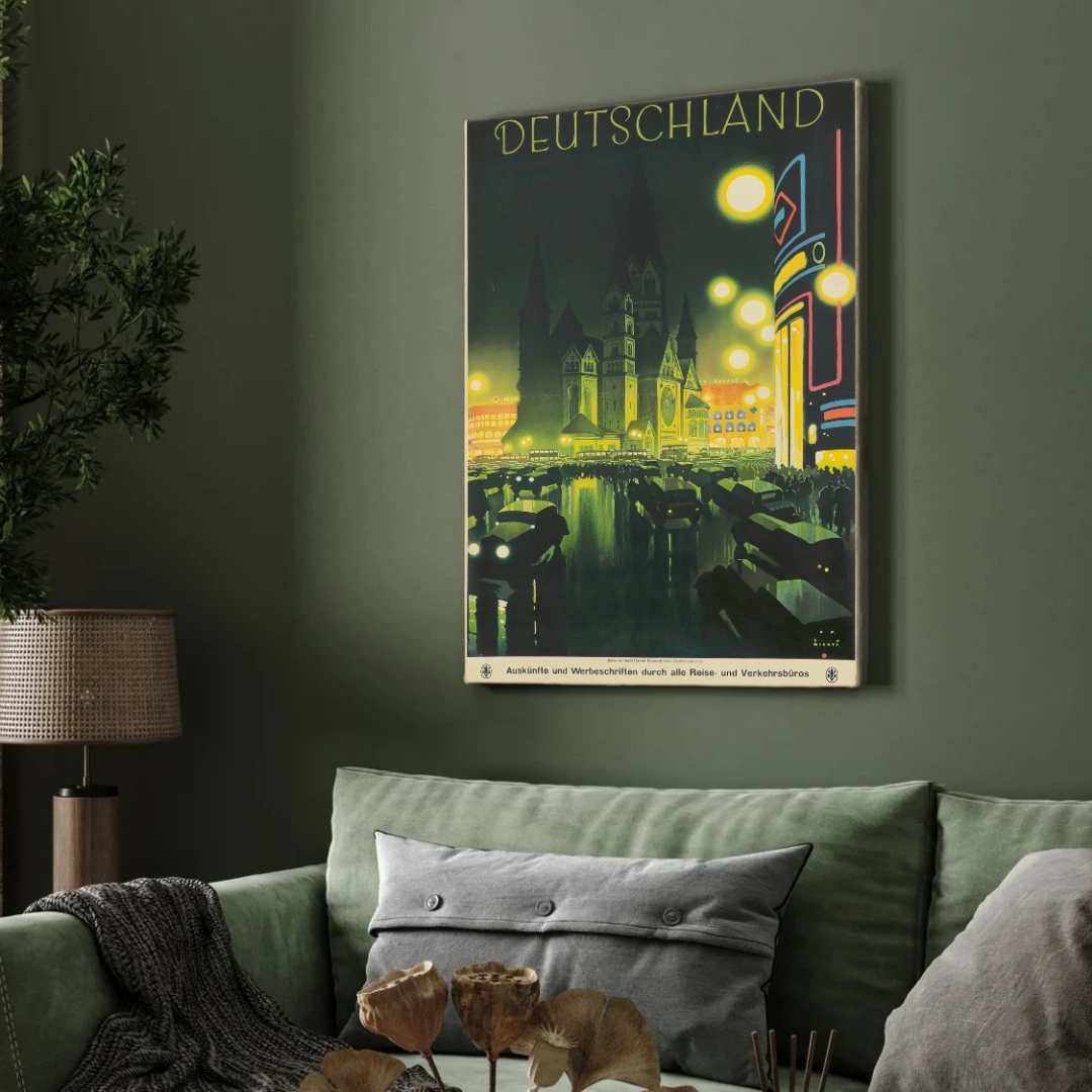 Vintage "Deutschland" Illuminated Night Cityscape Travel Poster | Vertical White Framed Wall Art 2 : 3 Vertical Premium Wall Art Canvas by MeriDeewar