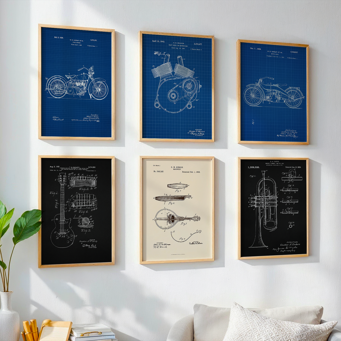 Vintage Engineering & Music Patent Art Gallery Wall Set of 6 | Industrial Blueprint, Charcoal Black, & Aged Parchment Vertical Wooden Framed Prints Walls Premium Wall Art Canvas by MeriDeewar