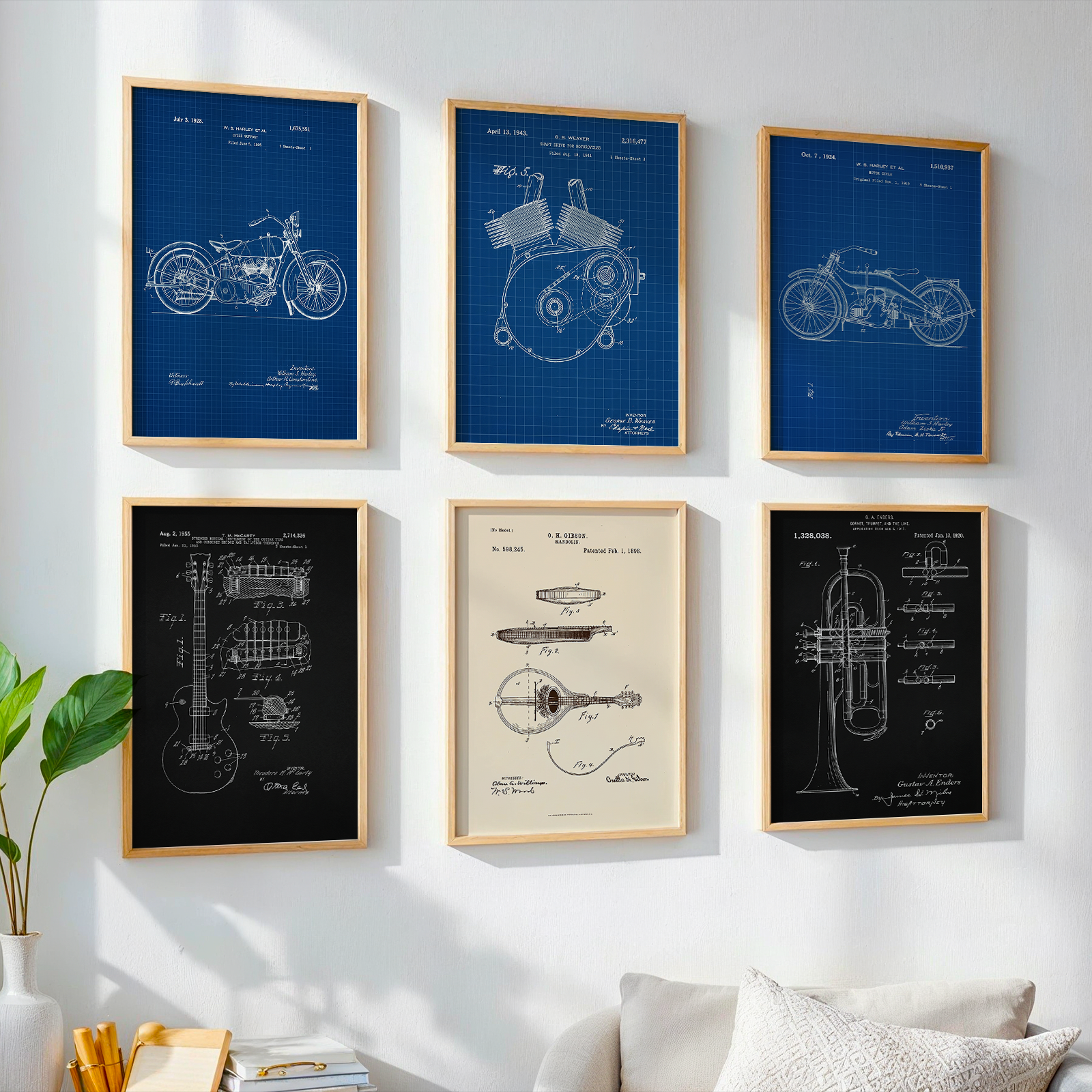 Vintage Engineering & Music Patent Art Gallery Wall Set of 6 | Industrial Blueprint, Charcoal Black, & Aged Parchment Vertical Wooden Framed Prints Walls Premium Wall Art Canvas by MeriDeewar