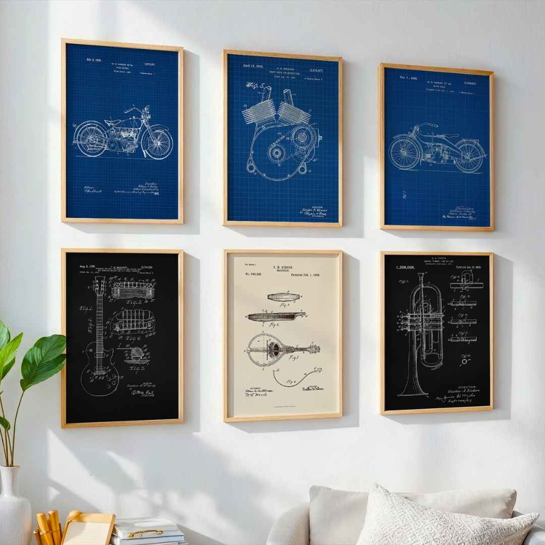 Vintage Engineering & Music Patent Art Gallery Wall Set of 6 | Industrial Blueprint, Charcoal Black, & Aged Parchment Vertical Wooden Framed Prints Walls Premium Wall Art Canvas by MeriDeewar