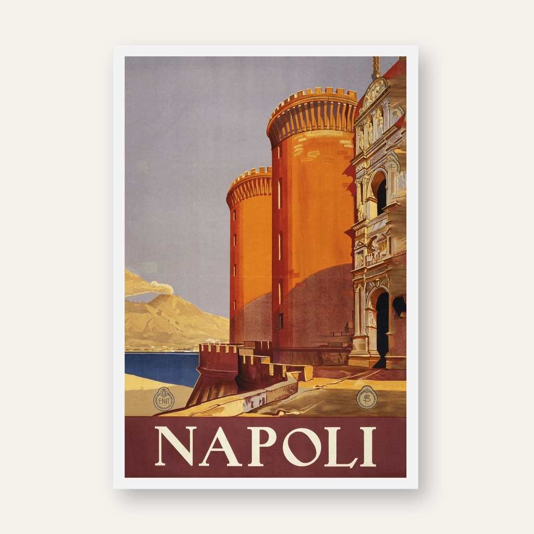 Vintage ENIT "Napoli" Italy Travel Poster | Vertical Retro Castel Nuovo & Bay of Naples White Framed Wall Art 2 : 3 Vertical Premium Wall Art Canvas by MeriDeewar