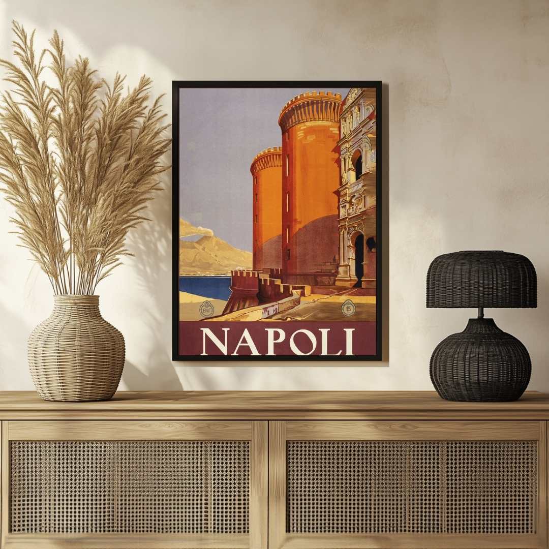 Vintage ENIT "Napoli" Italy Travel Poster | Vertical Retro Castel Nuovo & Bay of Naples White Framed Wall Art 2 : 3 Vertical Premium Wall Art Canvas by MeriDeewar