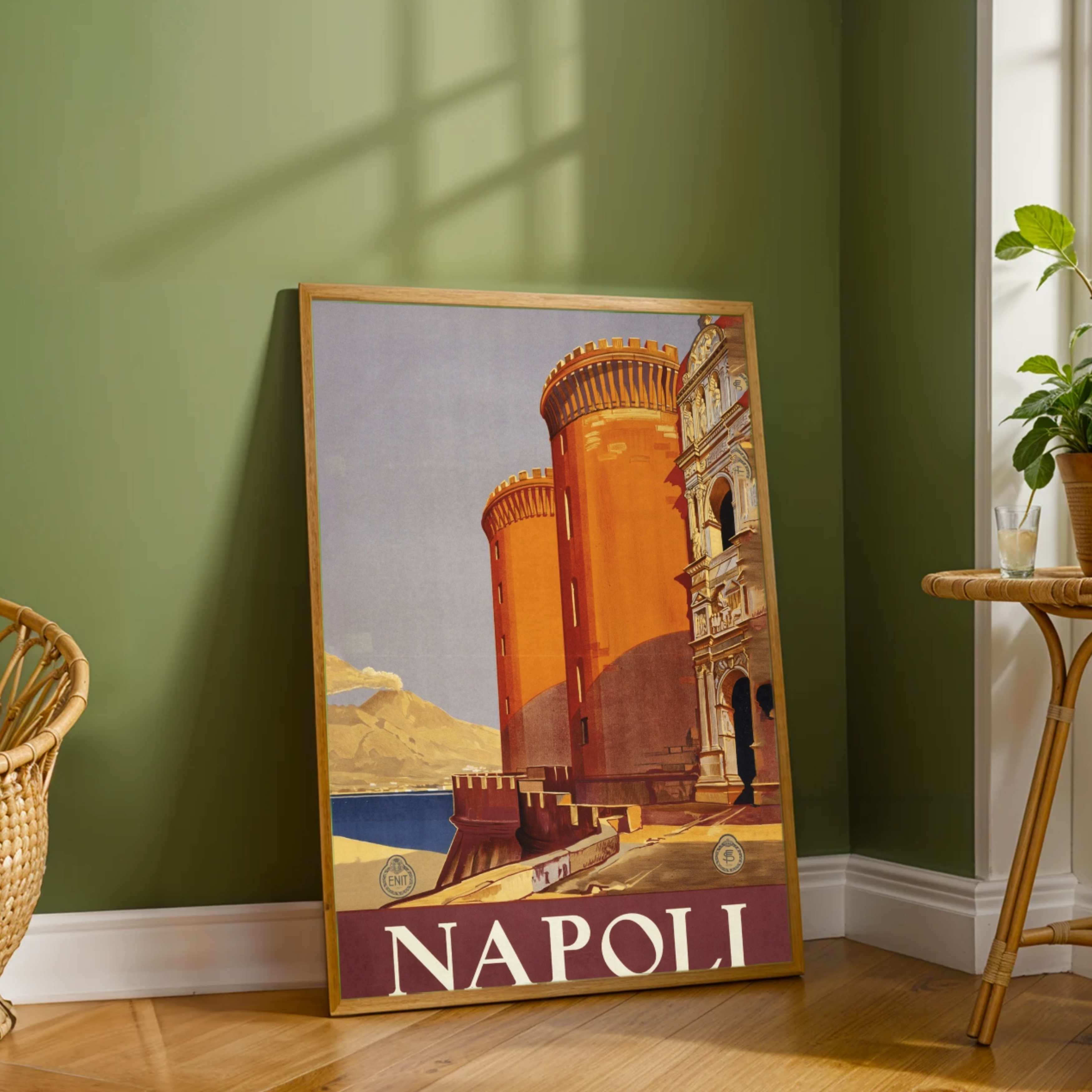 Vintage ENIT "Napoli" Italy Travel Poster | Vertical Retro Castel Nuovo & Bay of Naples White Framed Wall Art 2 : 3 Vertical Premium Wall Art Canvas by MeriDeewar