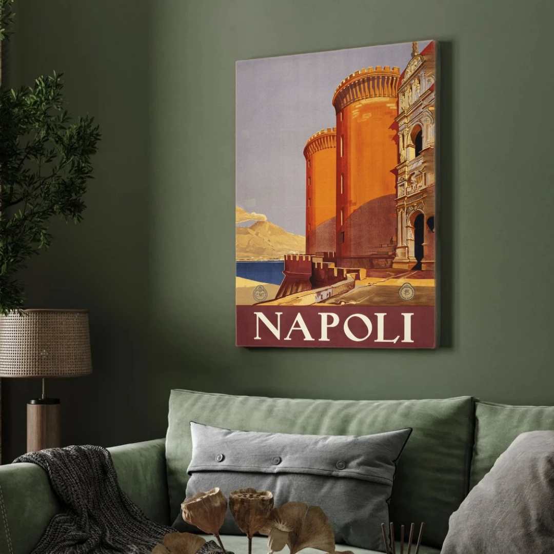 Vintage ENIT "Napoli" Italy Travel Poster | Vertical Retro Castel Nuovo & Bay of Naples White Framed Wall Art 2 : 3 Vertical Premium Wall Art Canvas by MeriDeewar