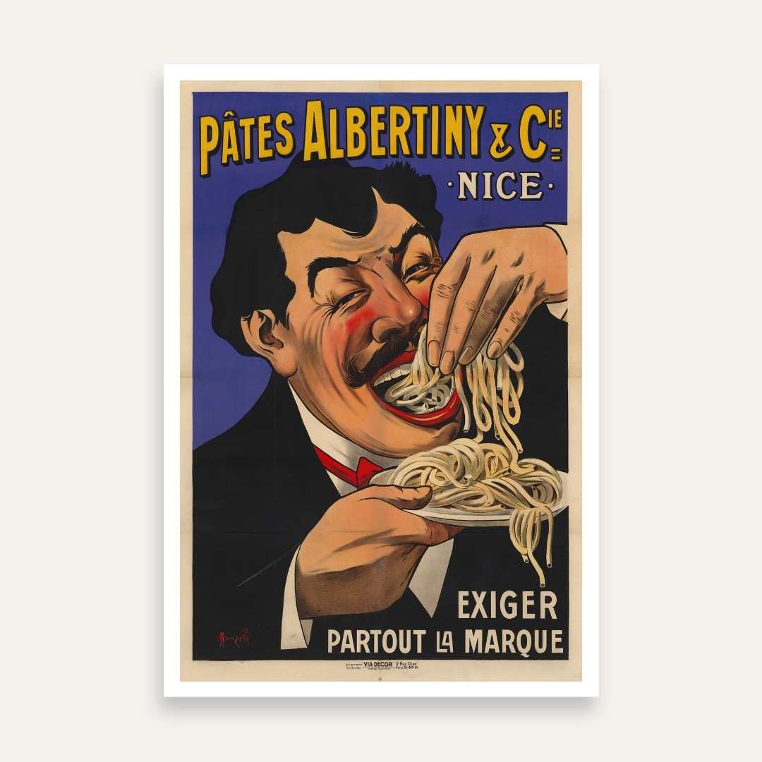 Vintage French Pâtes Albertiny Pasta Poster | Vertical Retro White Framed Wall Art 2 : 3 Vertical Premium Wall Art Canvas by MeriDeewar
