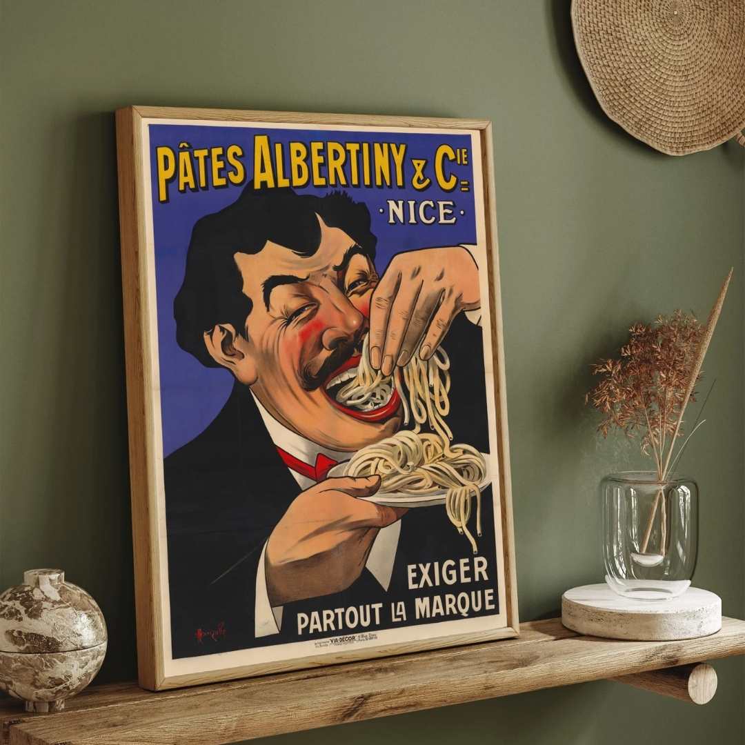 Vintage French Pâtes Albertiny Pasta Poster | Vertical Retro White Framed Wall Art 2 : 3 Vertical Premium Wall Art Canvas by MeriDeewar