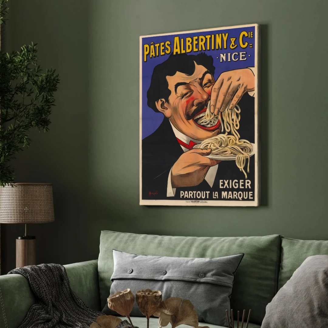 Vintage French Pâtes Albertiny Pasta Poster | Vertical Retro White Framed Wall Art 2 : 3 Vertical Premium Wall Art Canvas by MeriDeewar