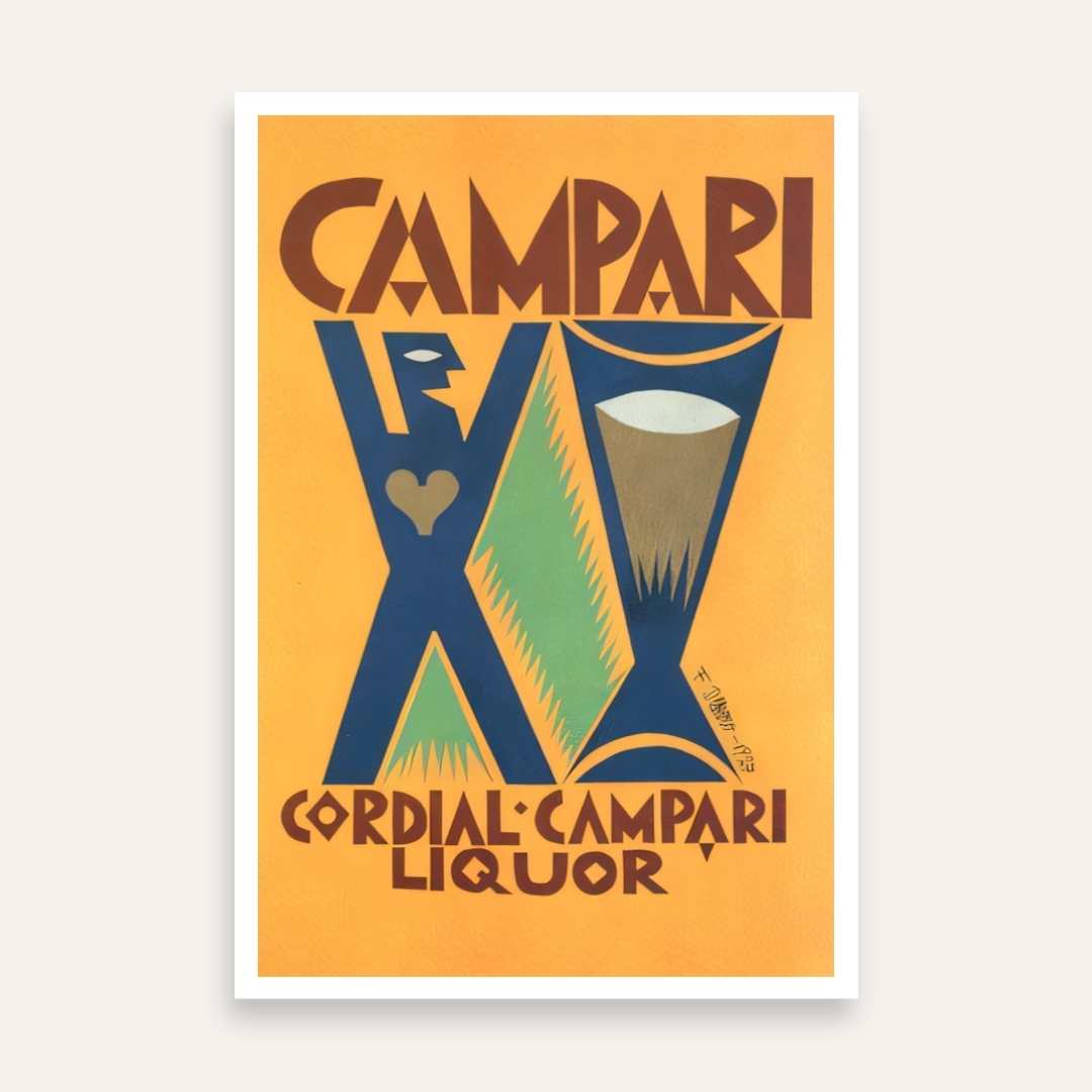 Vintage Futurist Depero Cordial Campari Liquor Illustration Poster | Vertical Retro White Framed Wall Art 2 : 3 Vertical Premium Wall Art Canvas by MeriDeewar