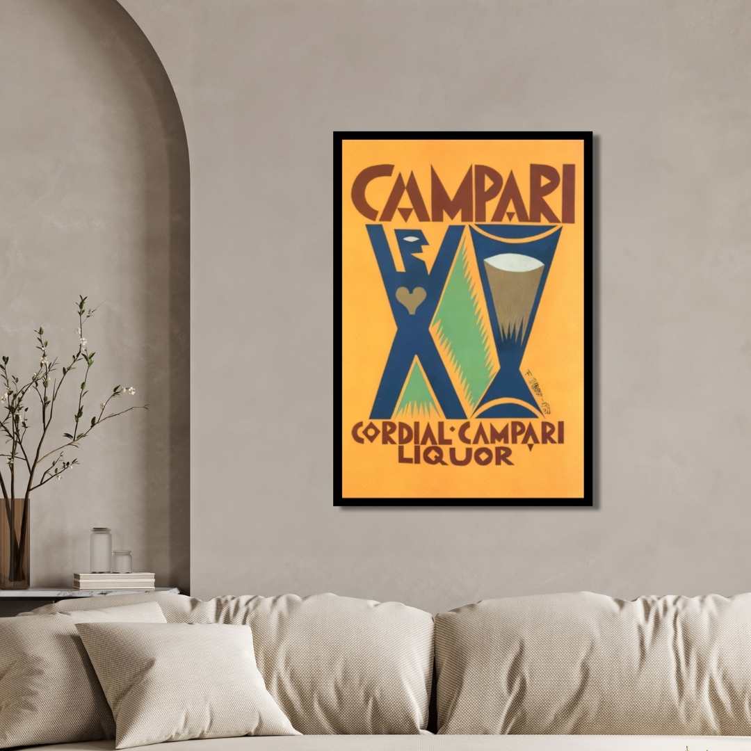 Vintage Futurist Depero Cordial Campari Liquor Illustration Poster | Vertical Retro White Framed Wall Art 2 : 3 Vertical Premium Wall Art Canvas by MeriDeewar
