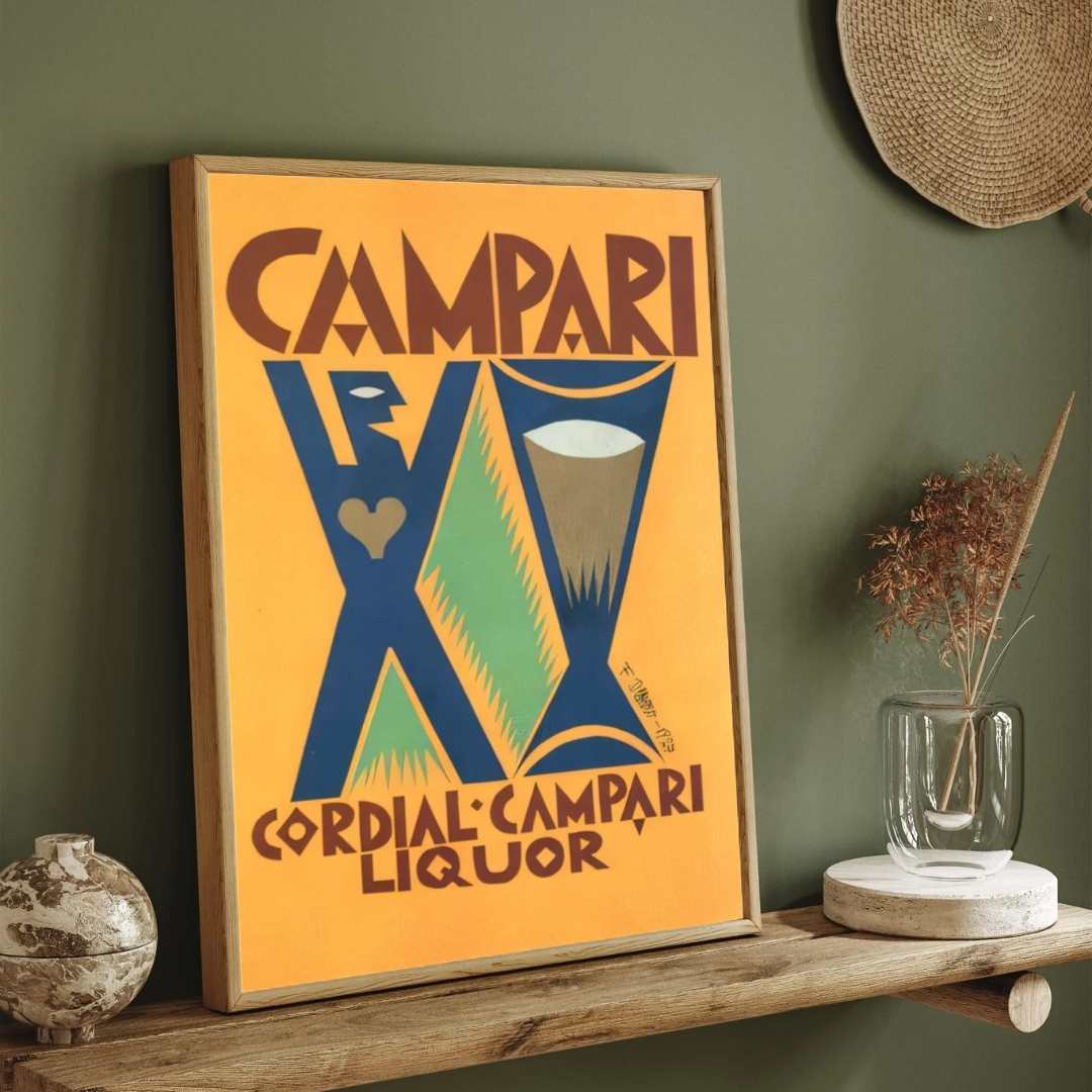Vintage Futurist Depero Cordial Campari Liquor Illustration Poster | Vertical Retro White Framed Wall Art 2 : 3 Vertical Premium Wall Art Canvas by MeriDeewar