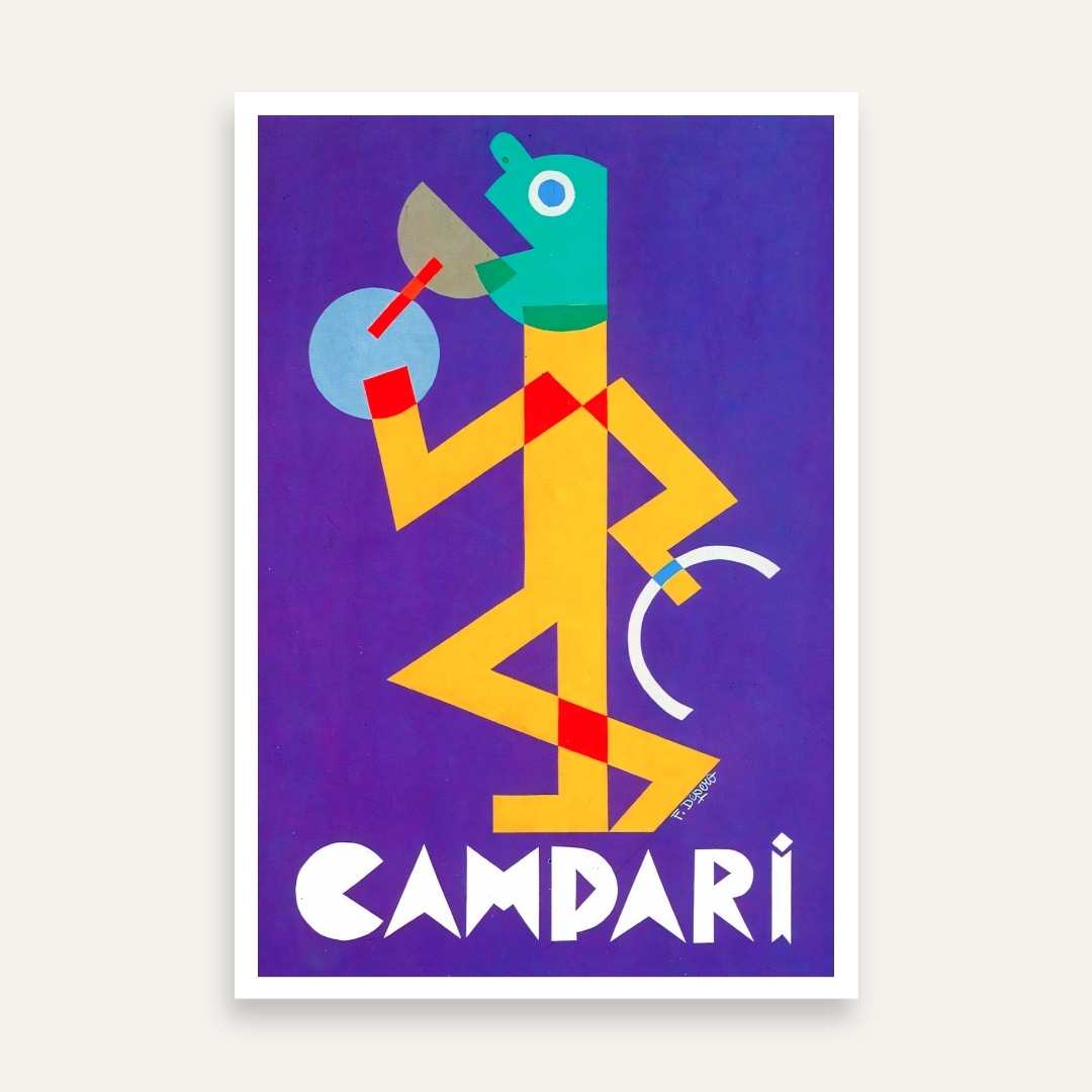 Vintage Futurist Depero Purple Campari Aperitif Illustration Poster | Vertical Retro White Framed Wall Art 2 : 3 Vertical Premium Wall Art Canvas by MeriDeewar