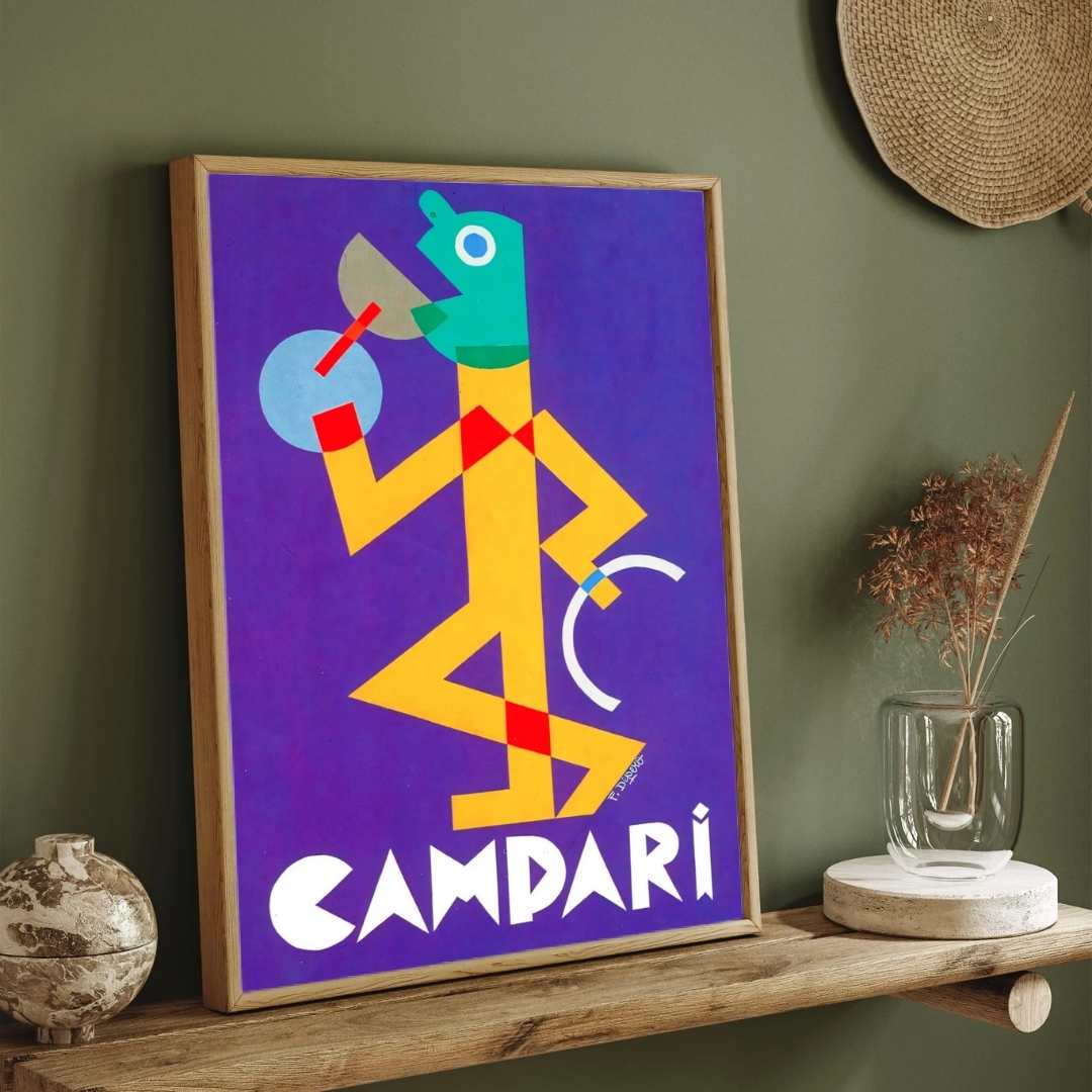 Vintage Futurist Depero Purple Campari Aperitif Illustration Poster | Vertical Retro White Framed Wall Art 2 : 3 Vertical Premium Wall Art Canvas by MeriDeewar