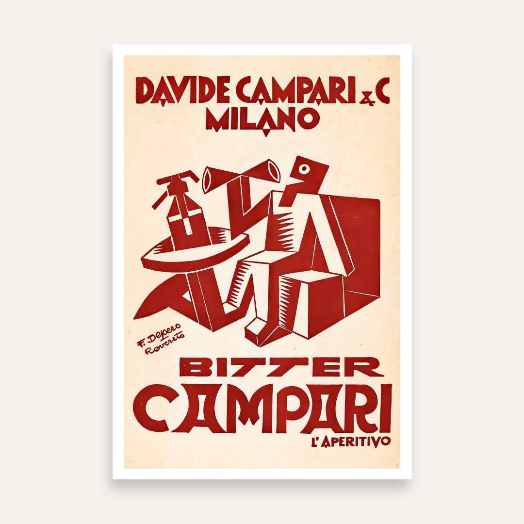 Vintage Futurist Italian Depero Bitter Campari Advertisement Illustration Poster | Vertical Retro White Framed Wall Art 2 : 3 Vertical Premium Wall Art Canvas by MeriDeewar