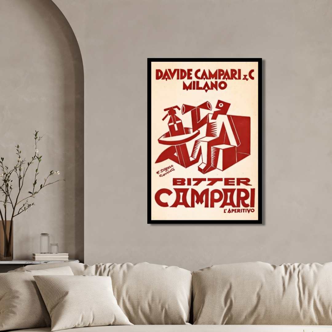 Vintage Futurist Italian Depero Bitter Campari Advertisement Illustration Poster | Vertical Retro White Framed Wall Art 2 : 3 Vertical Premium Wall Art Canvas by MeriDeewar