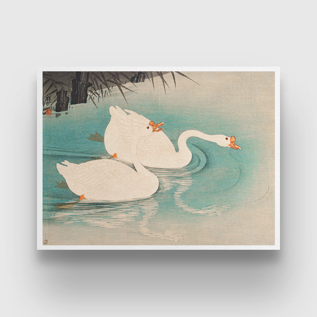 Vintage Geese Amid Reeds White Painting 3 : 4 Horizontal New Premium Wall Art Canvas by MeriDeewar