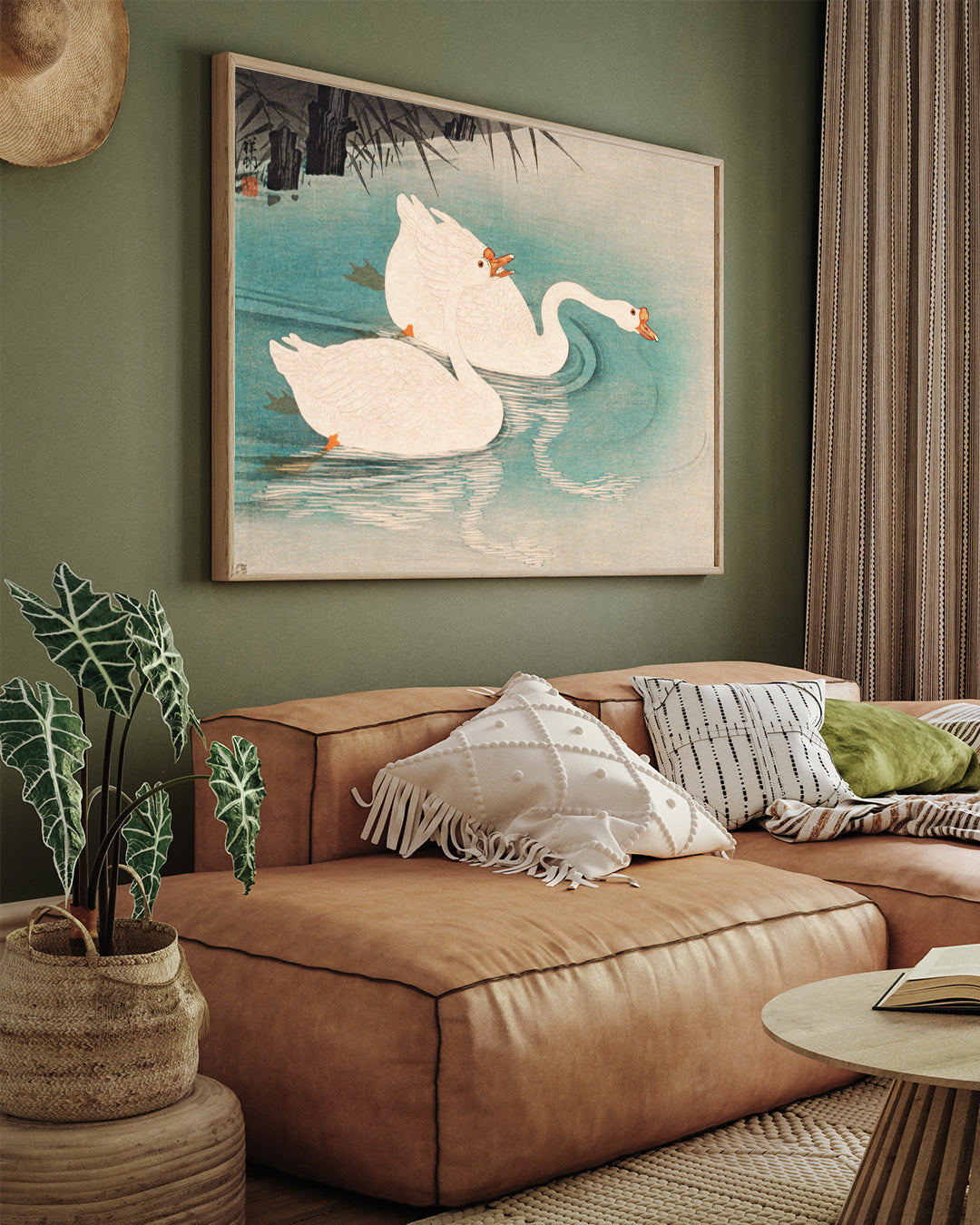 Vintage Geese Amid Reeds White Painting 3 : 4 Horizontal New Premium Wall Art Canvas by MeriDeewar