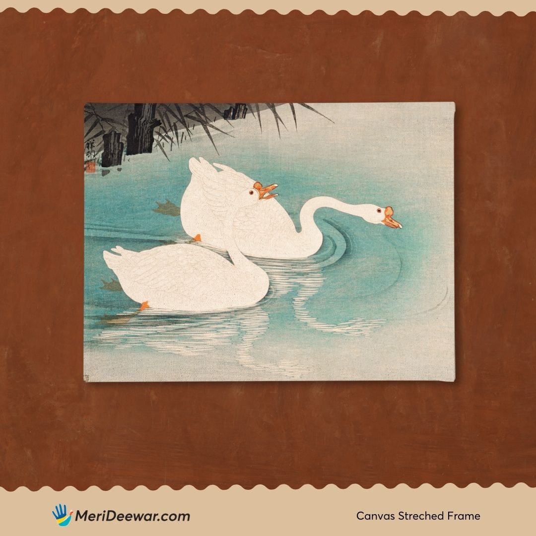 Vintage Geese Amid Reeds White Painting 3 : 4 Horizontal New Premium Wall Art Canvas by MeriDeewar
