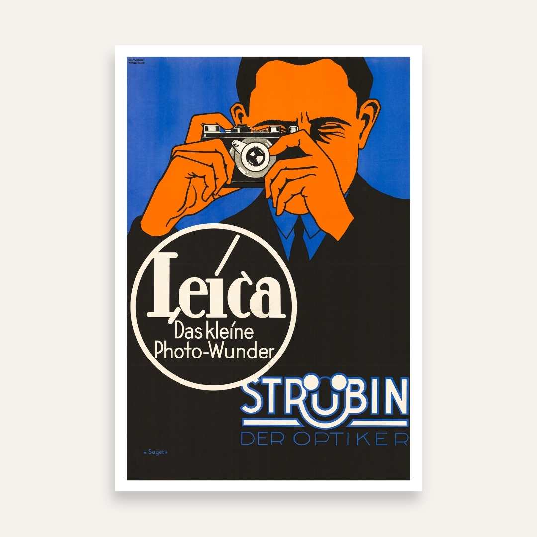 Vintage German Leica Camera Advertisement Illustration Poster | Vertical White Framed Wall Art 2 : 3 Vertical Premium Wall Art Canvas by MeriDeewar