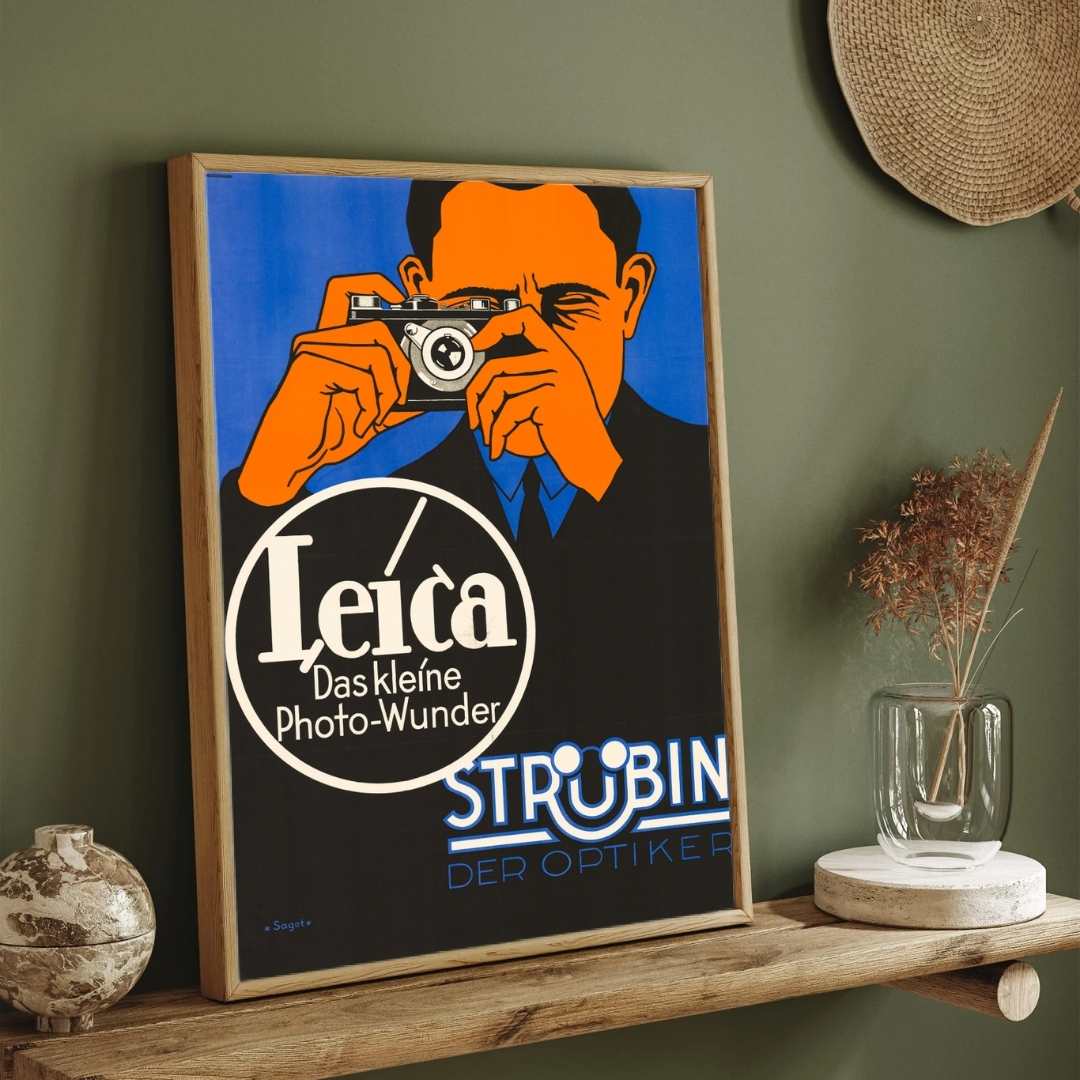 Vintage German Leica Camera Advertisement Illustration Poster | Vertical White Framed Wall Art 2 : 3 Vertical Premium Wall Art Canvas by MeriDeewar