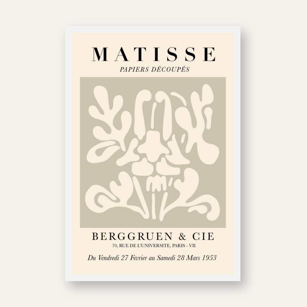 Vintage Henri Matisse "Berggruen & Cie" Papiers Découpés Exhibition Poster | Vertical Retro White Framed Wall Art 2 : 3 Vertical Premium Wall Art Canvas by MeriDeewar