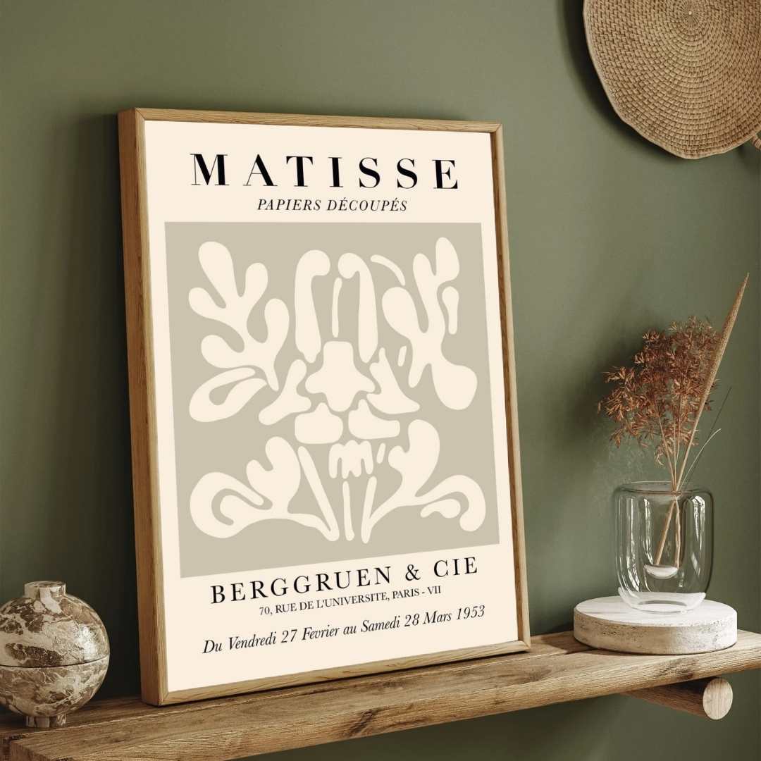 Vintage Henri Matisse "Berggruen & Cie" Papiers Découpés Exhibition Poster | Vertical Retro White Framed Wall Art 2 : 3 Vertical Premium Wall Art Canvas by MeriDeewar