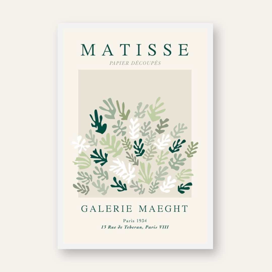 Vintage Henri Matisse "Galerie Maeght" Papiers Découpés Green Leaf Poster | Vertical Retro White Framed Wall Art 2 : 3 Vertical Premium Wall Art Canvas by MeriDeewar