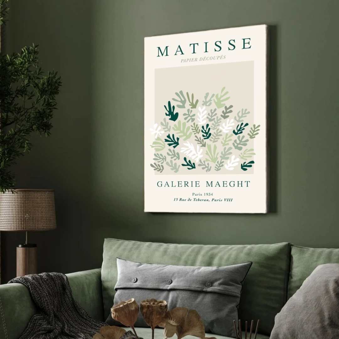 Vintage Henri Matisse "Galerie Maeght" Papiers Découpés Green Leaf Poster | Vertical Retro White Framed Wall Art 2 : 3 Vertical Premium Wall Art Canvas by MeriDeewar