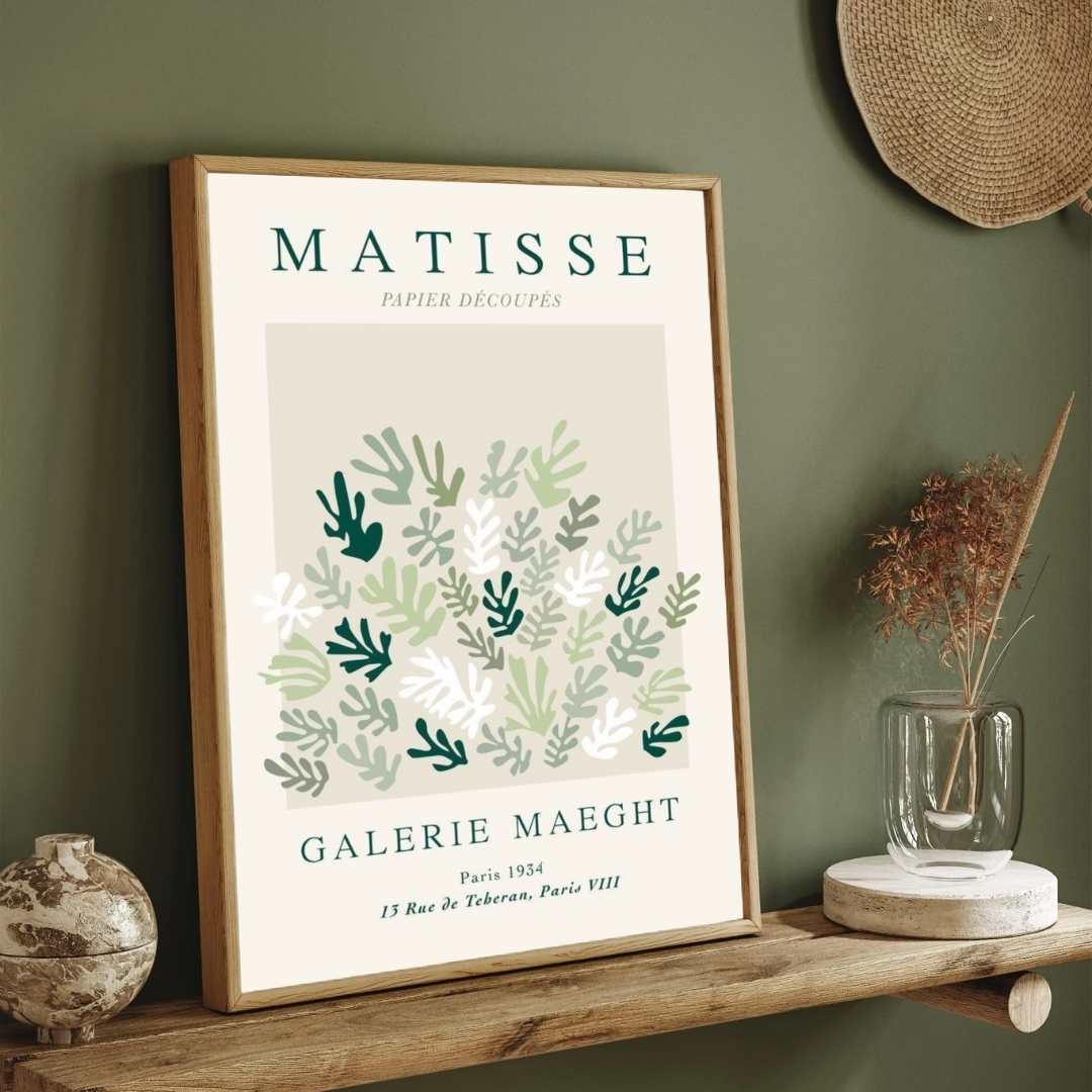Vintage Henri Matisse "Galerie Maeght" Papiers Découpés Green Leaf Poster | Vertical Retro White Framed Wall Art 2 : 3 Vertical Premium Wall Art Canvas by MeriDeewar