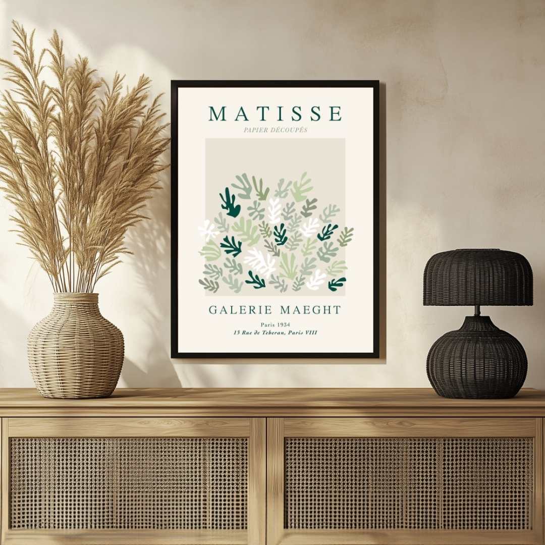 Vintage Henri Matisse "Galerie Maeght" Papiers Découpés Green Leaf Poster | Vertical Retro White Framed Wall Art 2 : 3 Vertical Premium Wall Art Canvas by MeriDeewar