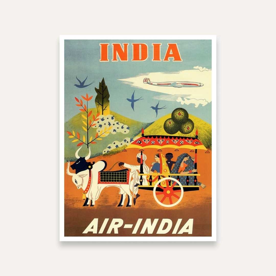 Vintage India Travel Poster Wall Art for Living Room | Retro Bullock Cart Painting | Giclée Print 4 X 5.5 Vertical Premium Wall Art Canvas by MeriDeewar