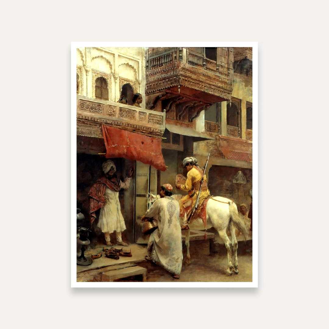 Vintage Indian Street Scene Painting for Living Room | Old Rajasthan Wall Art | MeriDeewar 3 : 4 Vertical Premium Wall Art Canvas by MeriDeewar