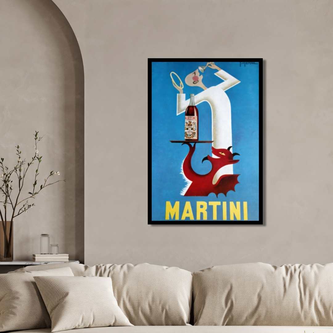 Vintage Italian Martini Red Devil Illustration Poster | Vertical Retro White Framed Wall Art 2 : 3 Vertical Premium Wall Art Canvas by MeriDeewar