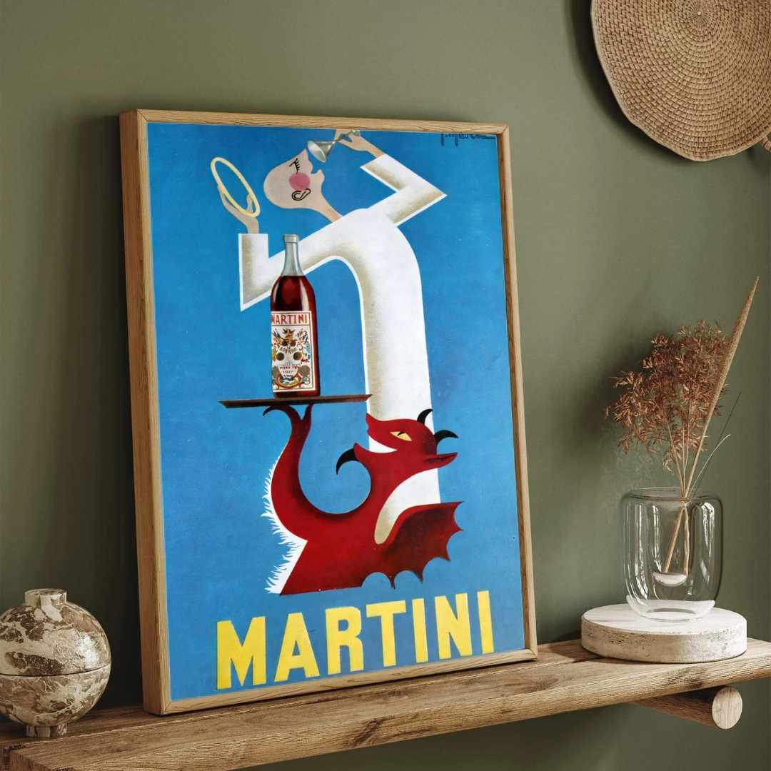 Vintage Italian Martini Red Devil Illustration Poster | Vertical Retro White Framed Wall Art 2 : 3 Vertical Premium Wall Art Canvas by MeriDeewar