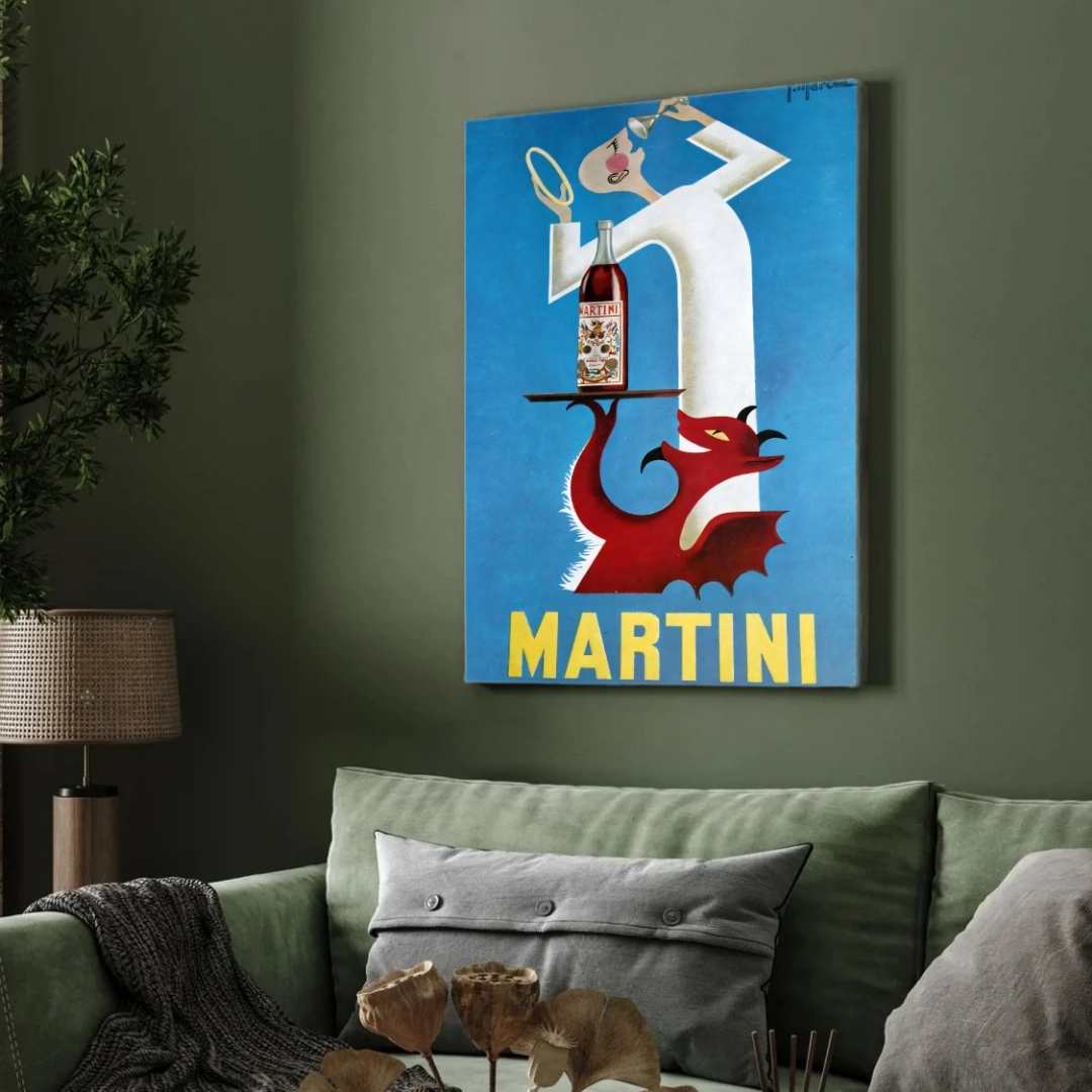 Vintage Italian Martini Red Devil Illustration Poster | Vertical Retro White Framed Wall Art 2 : 3 Vertical Premium Wall Art Canvas by MeriDeewar