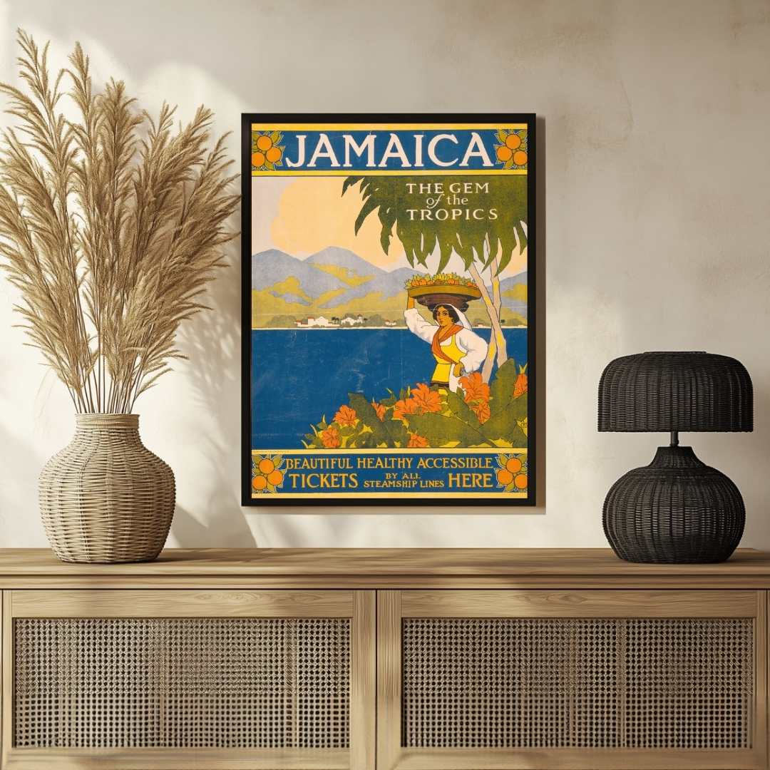 Vintage "Jamaica: The Gem of the Tropics" Travel Poster | Vertical White Framed Wall Art 2 : 3 Vertical Premium Wall Art Canvas by MeriDeewar