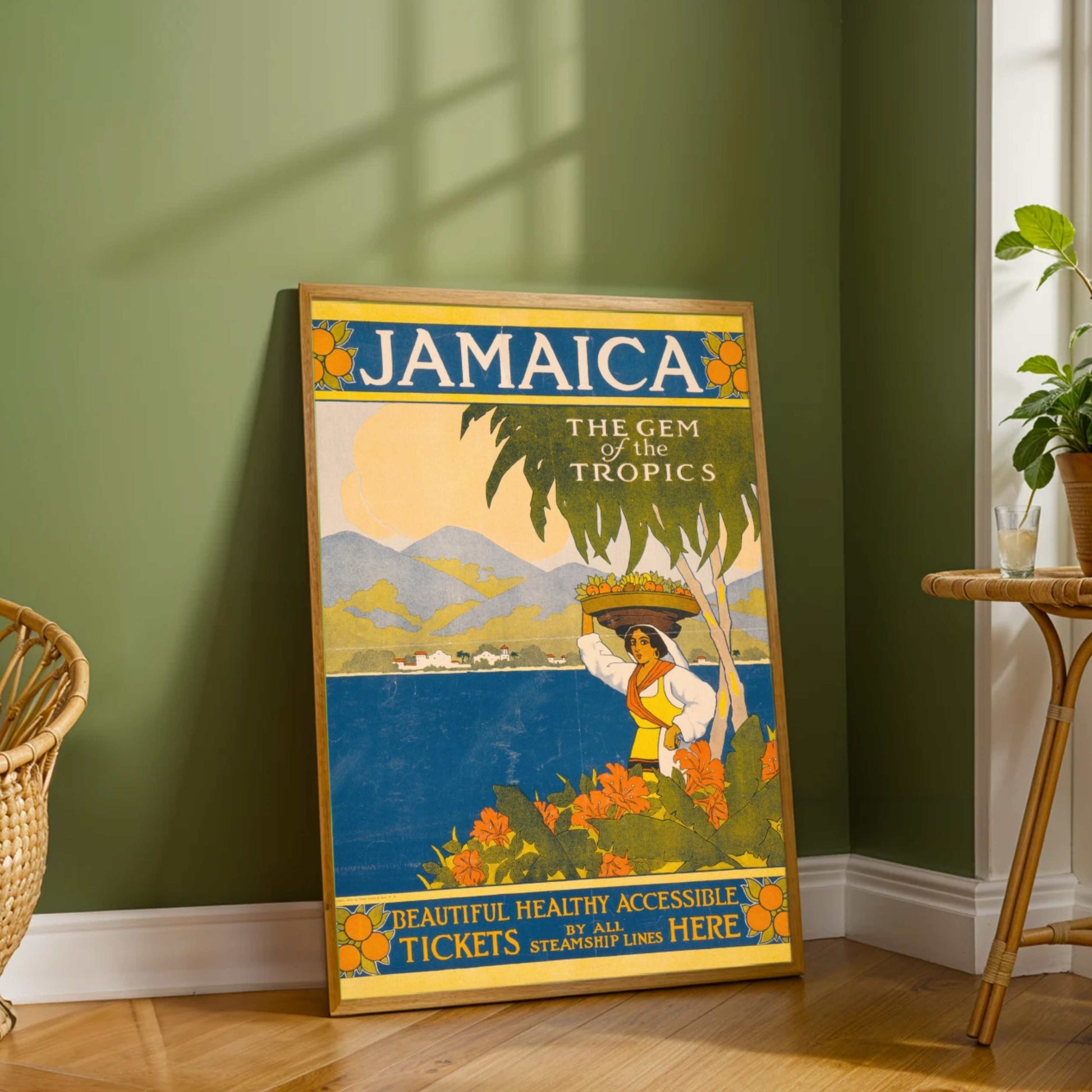 Vintage "Jamaica: The Gem of the Tropics" Travel Poster | Vertical White Framed Wall Art 2 : 3 Vertical Premium Wall Art Canvas by MeriDeewar