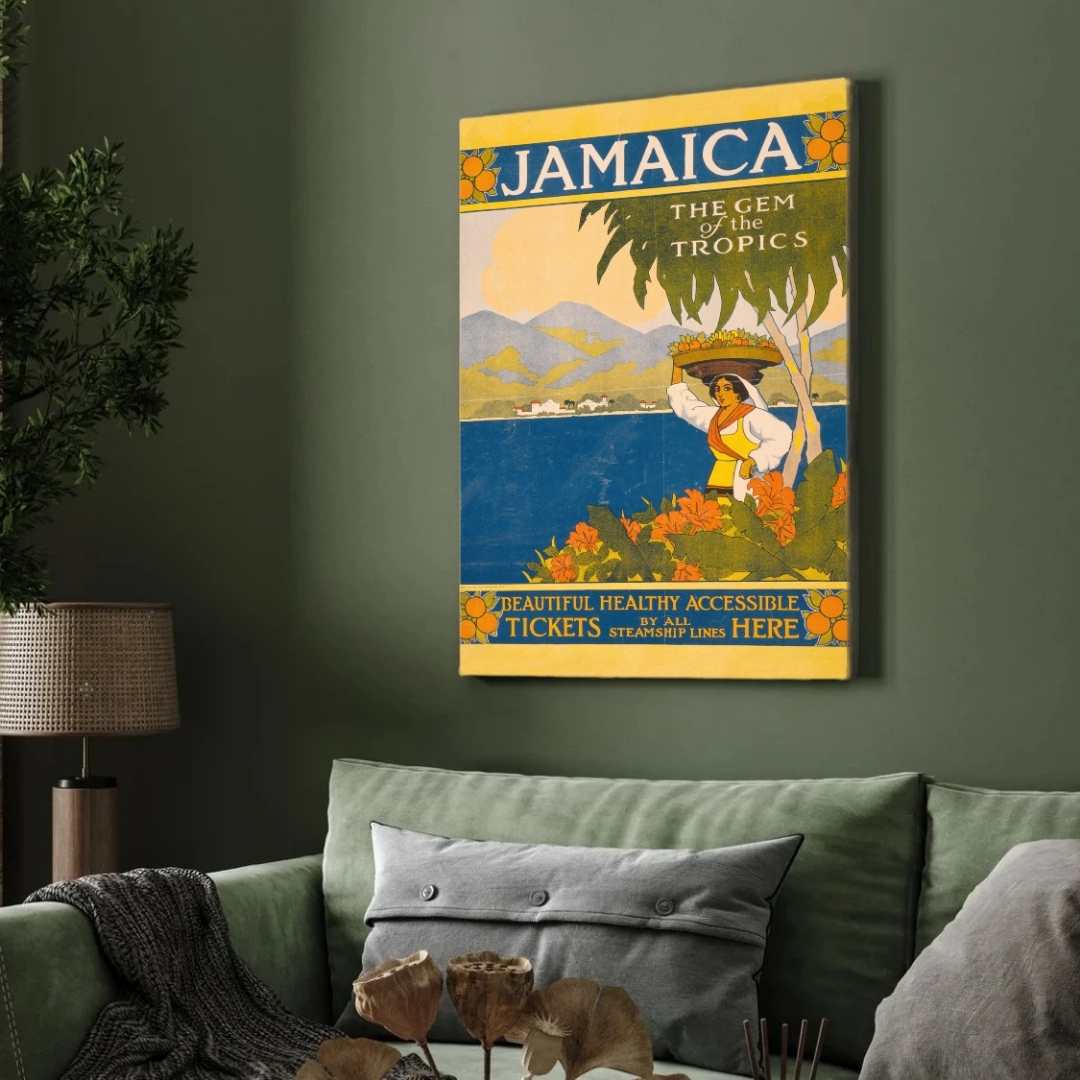 Vintage "Jamaica: The Gem of the Tropics" Travel Poster | Vertical White Framed Wall Art 2 : 3 Vertical Premium Wall Art Canvas by MeriDeewar