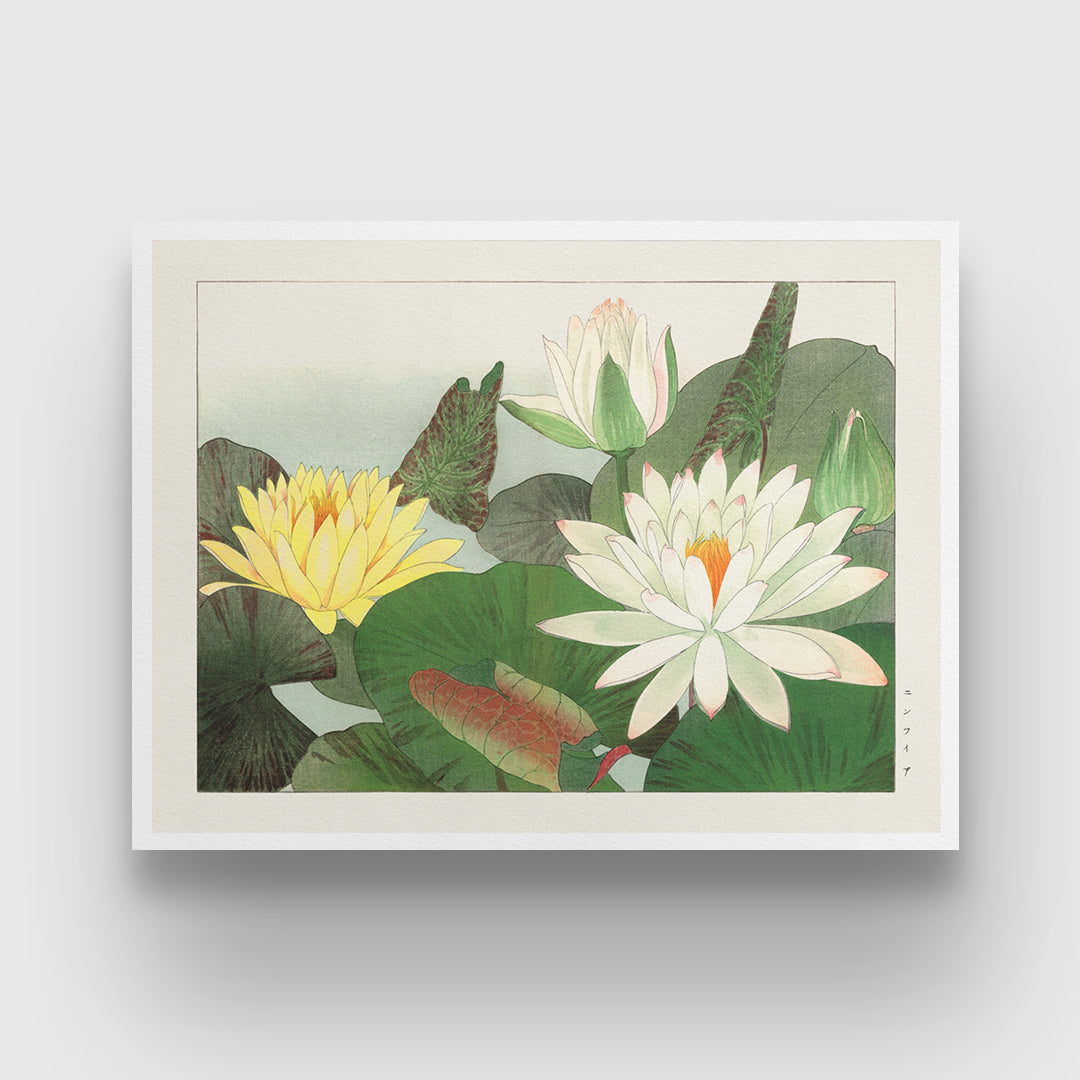 Vintage Japanese Lotus Flower Yellow Painting 3 : 4 Horizontal New Premium Wall Art Canvas by MeriDeewar